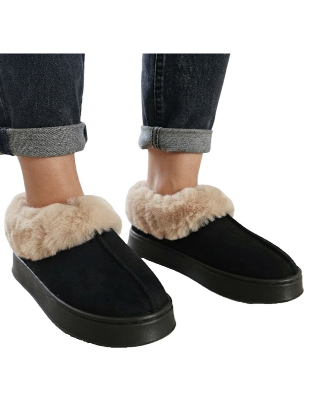 Womens Black Fleece Lined Slippers Thick Sole Casual Winter Warm Shoes 10.5 - 11